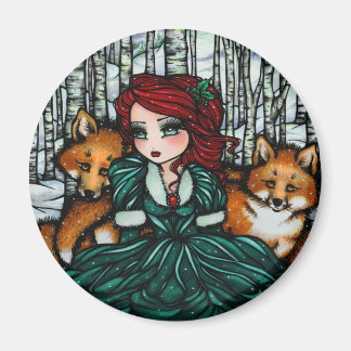 Whimsical Winter Foxes Forest Art by Hannah Lynn Magnet