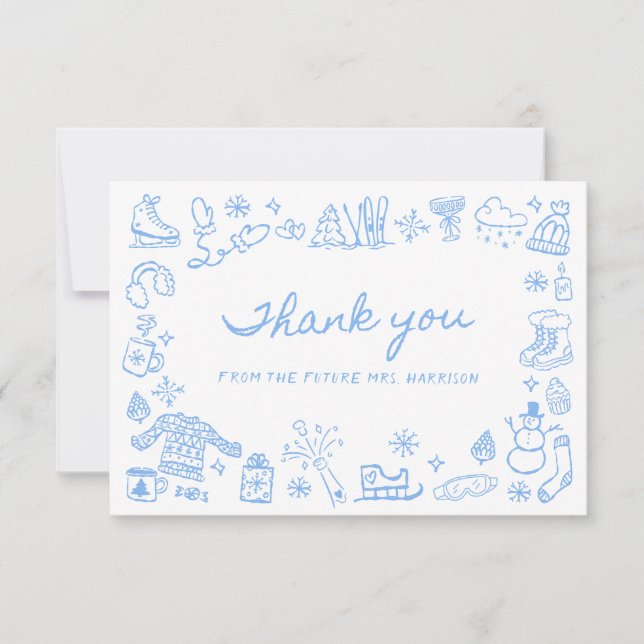 Whimsical Winter Hand Drawn Bridal Shower Thank You Card (Front)