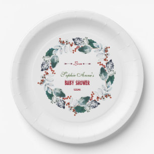 Whimsical Winter Holy Berries Wreath Baby Shower Paper Plate
