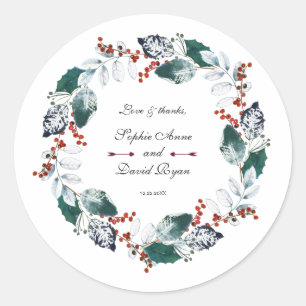 Whimsical Winter Holy Berries Wreath Wedding Classic Round Sticker