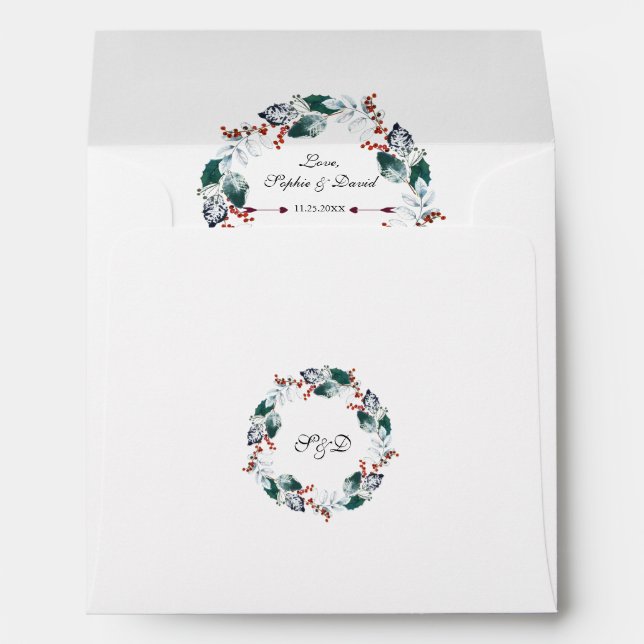 Whimsical Winter Holy Berries Wreath Wedding Envelope (Back (Bottom))