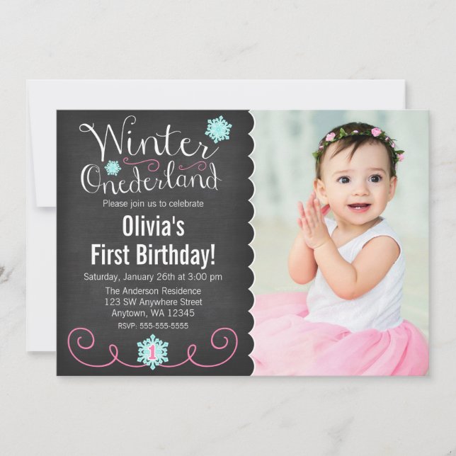 Whimsical Winter Onederland Photo Teal Birthday Invitation (Front)