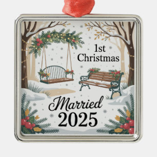 Whimsical Winter Park Our First Christmas Married  Metal Ornament