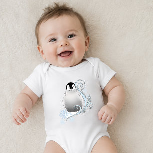 Whimsical Winter Penguin Art Nouveau Snowflakes Baby Bodysuit