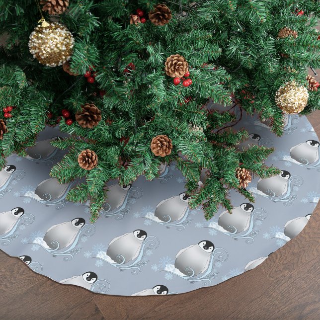Whimsical Winter Penguin Art Nouveau Snowflakes Brushed Polyester Tree Skirt (Creator Uploaded)