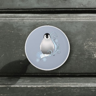 Whimsical Winter Penguin Art Nouveau Snowflakes Ceramic Knob