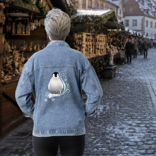 Whimsical Winter Penguin Art Nouveau Snowflakes Denim Jacket