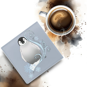 Whimsical Winter Penguin Art Nouveau Snowflakes Glass Coaster