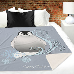 Whimsical Winter Penguin Art Nouveau Snowflakes Sherpa Blanket