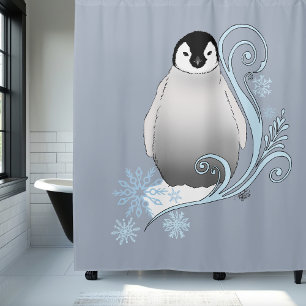 Whimsical Winter Penguin Art Nouveau Snowflakes Shower Curtain