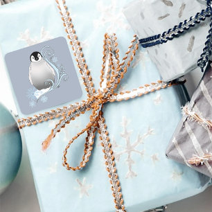 Whimsical Winter Penguin Art Nouveau Snowflakes Square Sticker