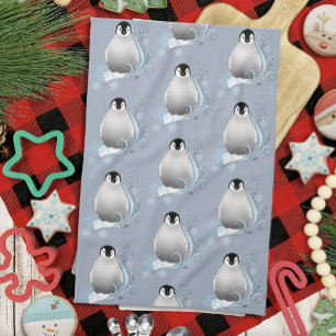 Whimsical Winter Penguin Art Nouveau Snowflakes Tea Towel