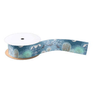 Whimsical Winter Scene in Blues 1.5" Wide Satin Ribbon