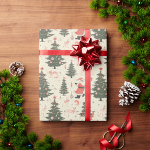 Whimsical Winter Scene: Santa, Fireplace, Cream Wrapping Paper