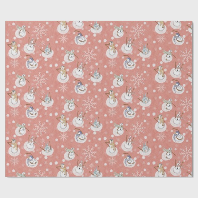 Whimsical Winter Snowmen at Play Muted Coral Pink Wrapping Paper (Flat)