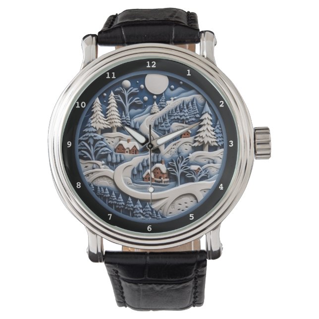 Whimsical Winter Village Beneath Starry Sky Watch (Front)
