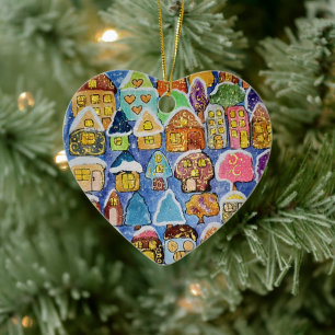 Whimsical Winter Village Folk Art Metal Christmas Ceramic Ornament