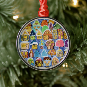 Whimsical Winter Village Folk Art Metal Christmas Ornament