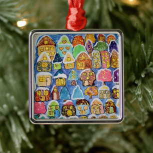Whimsical Winter Village Folk Art Metal Christmas Ornament