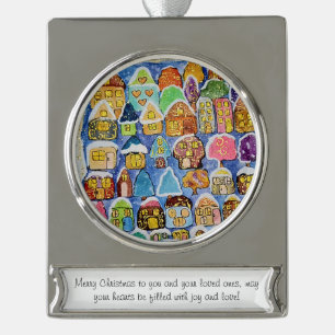 Whimsical Winter Village Folk Art Silver Plated Banner Ornament