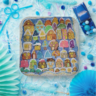 Whimsical Winter Village Square Christmas Paper Plate