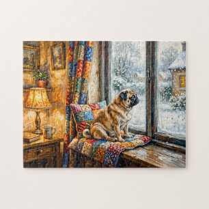 Whimsical Winter Window Seat Mops Illustration Jigsaw Puzzle