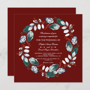 Whimsical Winter Wreath Burgundy Wedding Invitation