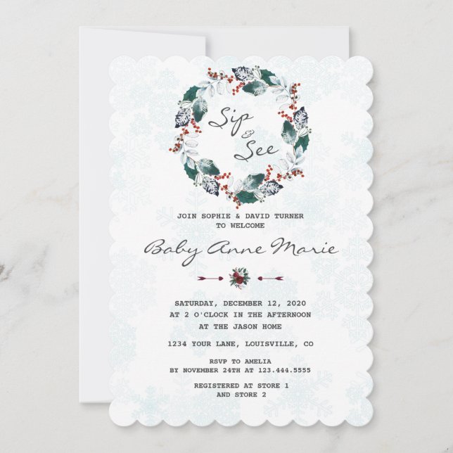 Whimsical Winter Wreath Sip & See Baby Shower Invitation (Front)