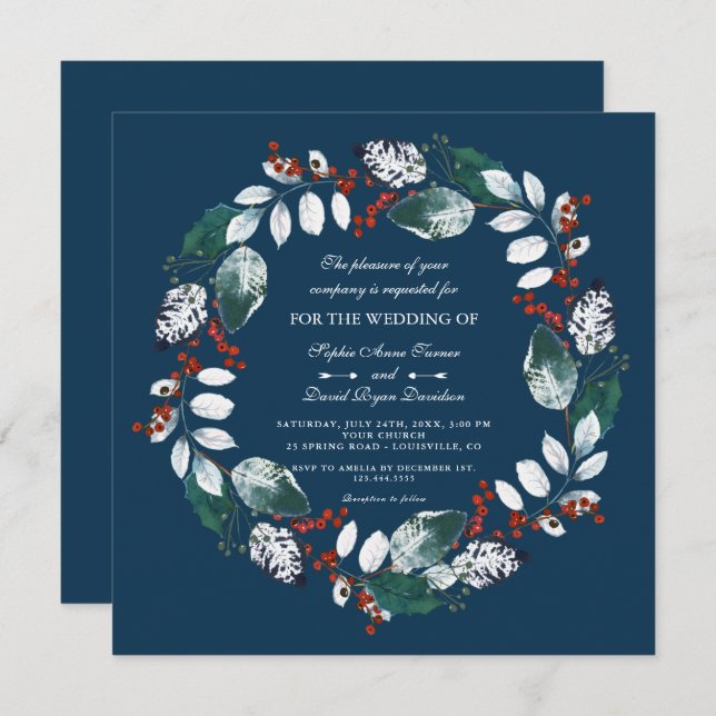 Whimsical Winter Wreath Wedding Invitation (Front/Back)