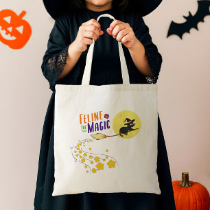 Whimsical Witch Black Cat Cute Modern Halloween Tote Bag