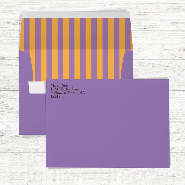 Whimsical Witch Black Cat Funny Halloween Striped Envelope (Purple and orange striped custom envelope)