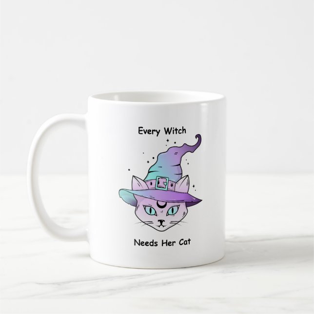 Whimsical Witch Cat Coffee Mug (Left)