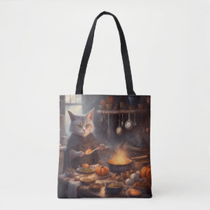 Whimsical Witch Cat cooking Halloween dinner Tote Bag