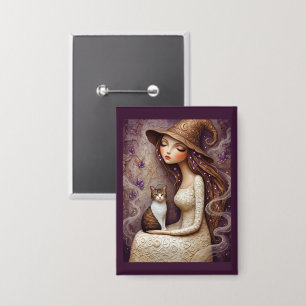Whimsical Witch Cat Halloween Moon Button