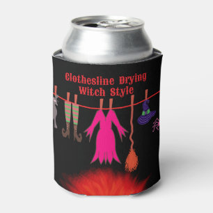 Whimsical Witch Clothesline Halloween Graphic Art Can Cooler