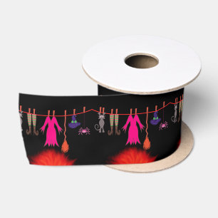 Whimsical Witch Clothesline Halloween Graphic Art Satin Ribbon