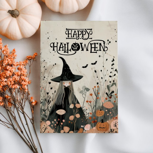 Whimsical Witch Fall Foliage Happy Halloween Card (Creator Uploaded)