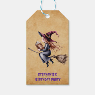 Whimsical Witch Flying Broom Girl Birthday Party Gift Tags
