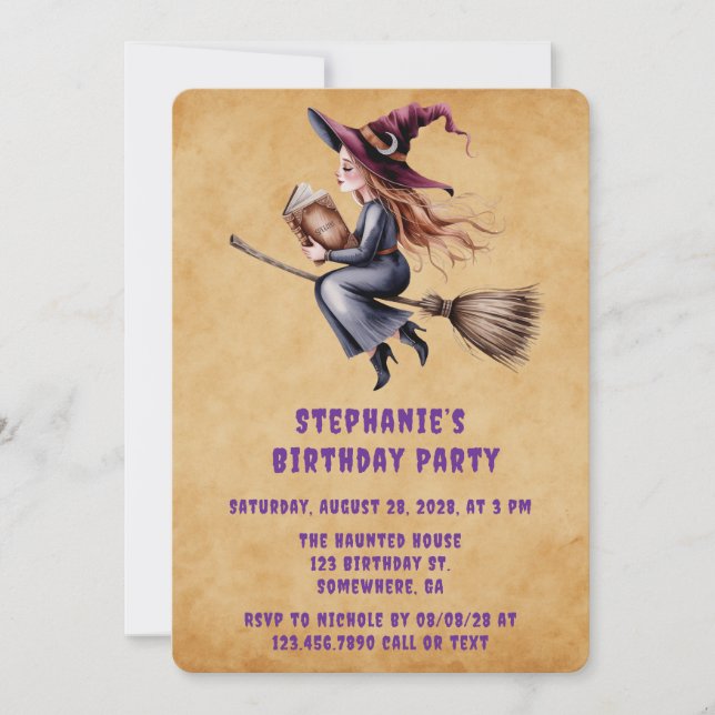 Whimsical Witch Flying Broom Girl Birthday Party  Invitation (Front)