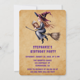 Whimsical Witch Flying Broom Girl Birthday Party  Invitation