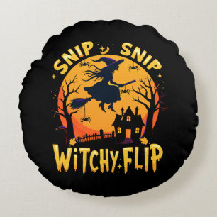Whimsical Witch Halloween Design - Snip Snip Flip Round Cushion