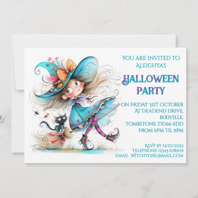 *Whimsical Witch Halloween Party  Invitation (Front)