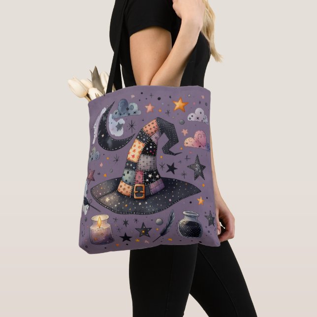 Whimsical Witch Hat and Celestial Magic Tote Bag (Close Up)