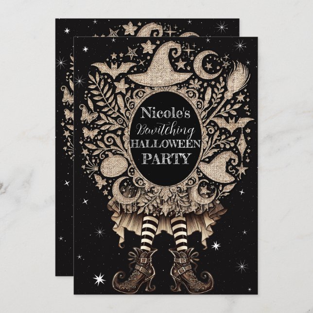 Whimsical Witch Legs Rustic Burlap Halloween Party Invitation (Front/Back)