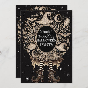 Whimsical Witch Legs Rustic Burlap Halloween Party Invitation