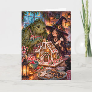 Whimsical Witch & Monster Gingerbread Creepmas Holiday Card