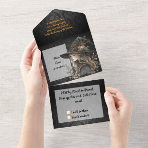 Whimsical Witch on Black Damask All In One Invitation