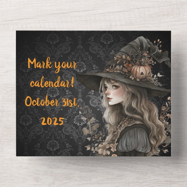 Whimsical Witch on Black Damask All In One Invitation (Front)