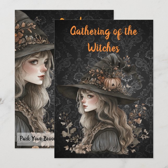 Whimsical Witch on Black Damask Save The Date (Front/Back)