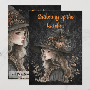 Whimsical Witch on Black Damask Save The Date